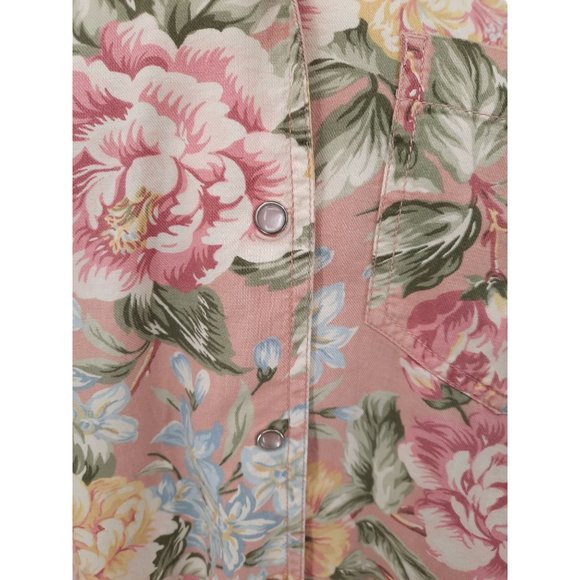 VTG 90s Lizwear Pink Floral Pearl Snap Shirt Size M Short Sleeves Cotton Yellow - Picture 2 of 8